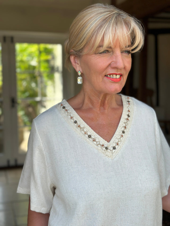 Lace Trim V-Neck Cotton Blend Top | Ivory