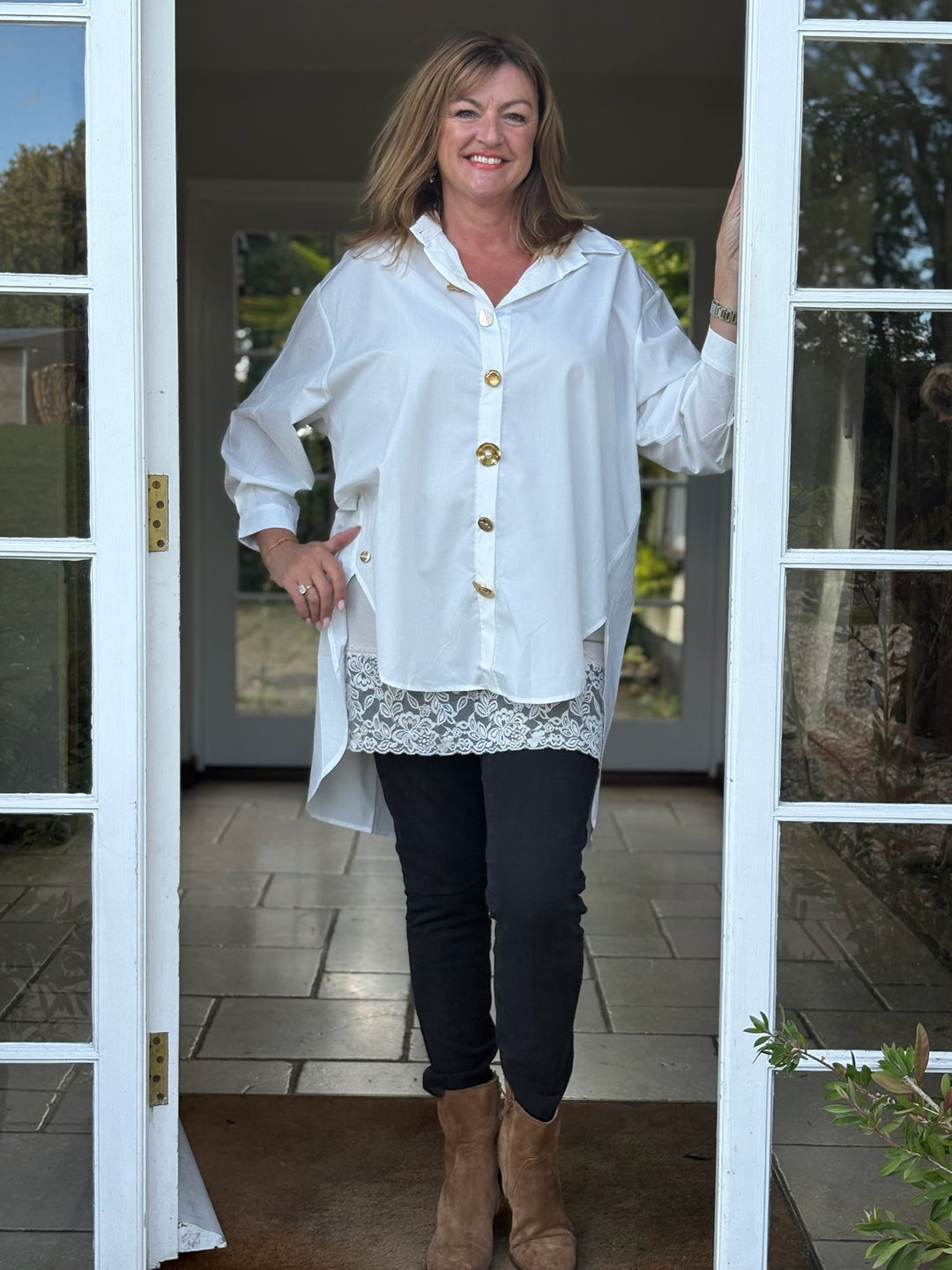 Gold Button Oversized Shirt - Malissa J | White