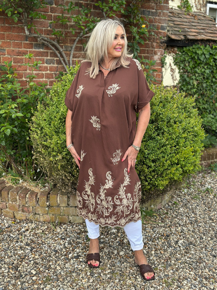 Swirl Glitz Leaf Embroidered Tunic Dress | Brown