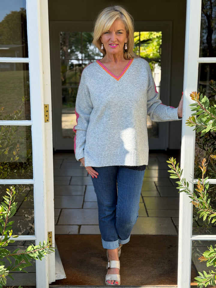 Stripe Sleeve Knit Jumper  | Silver