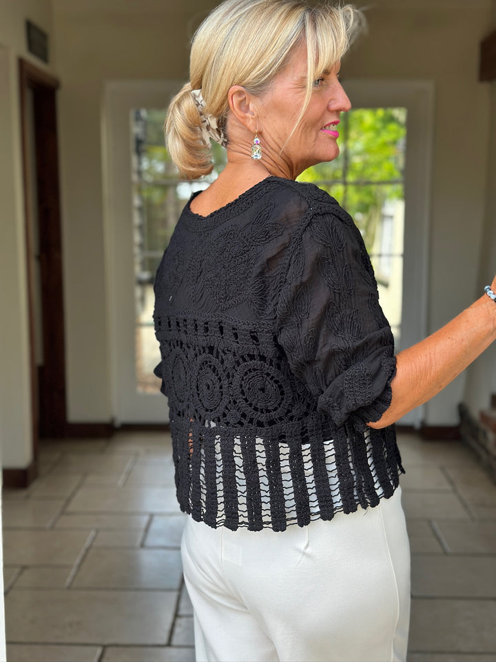 Button Front Crochet Top | Black