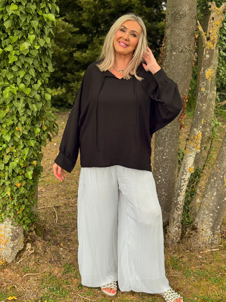 Long Sleeve Lightweight Top With Ties | Black