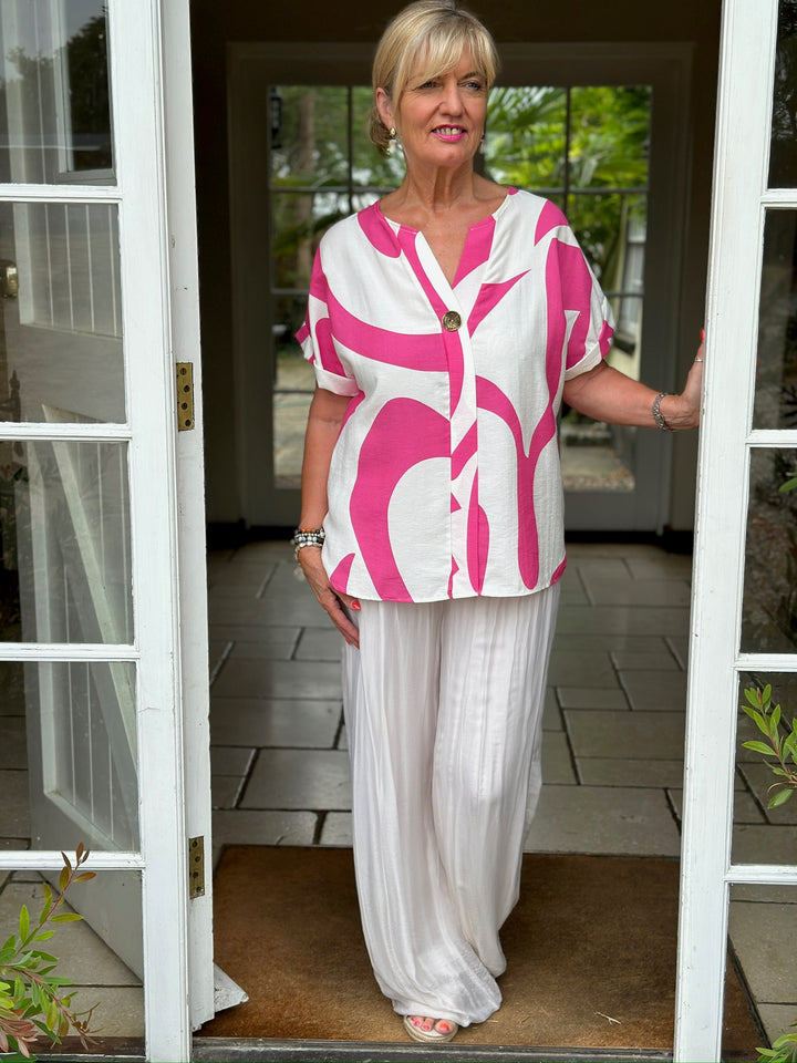 Swirl Print Button-Neck Top | Fuchsia