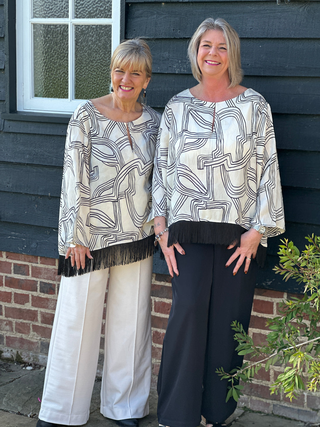 Flared Sleeve Abstract Top With Tassel Trim - Malissa J | Cream & Black