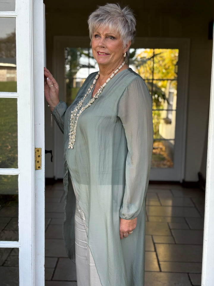 Silk Longline Cross Over Top | Slate