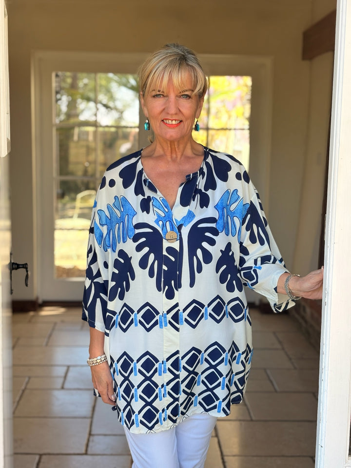 One Button Tunic Top Abstract Print | Ocean Blue