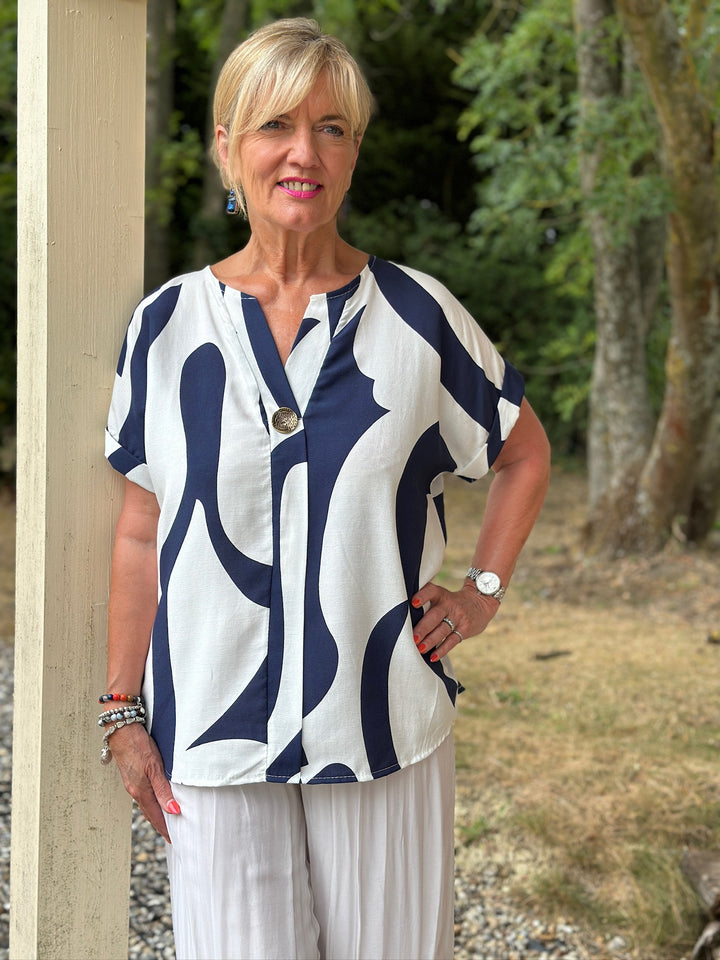 Swirl Print Button-Neck Top | Navy
