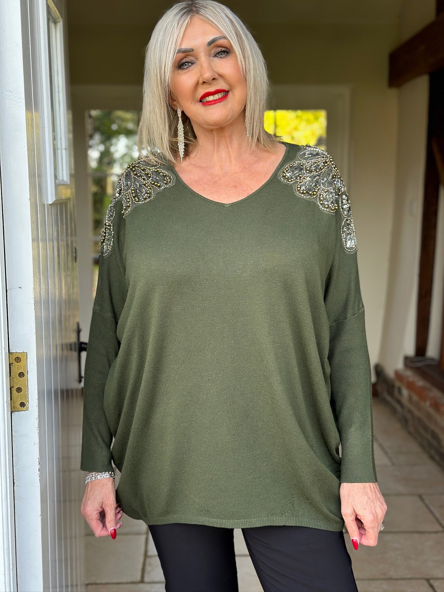 Sequin Pearl Flower Shoulder Jumper Khaki Mandy s Heaven