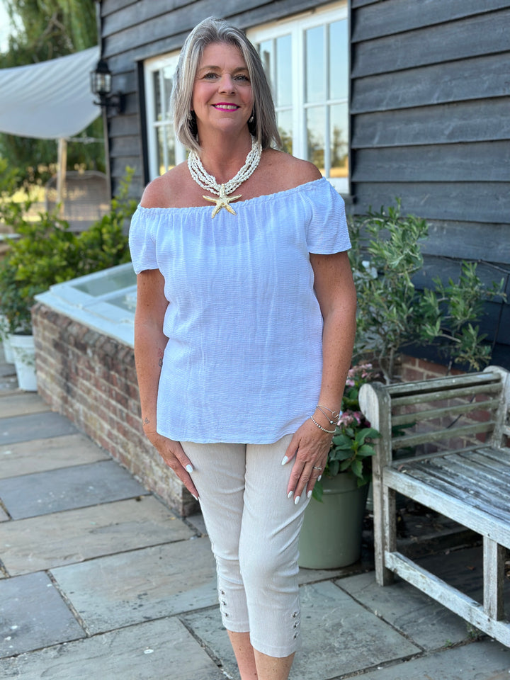 Cotton Linen Bardot Top | White