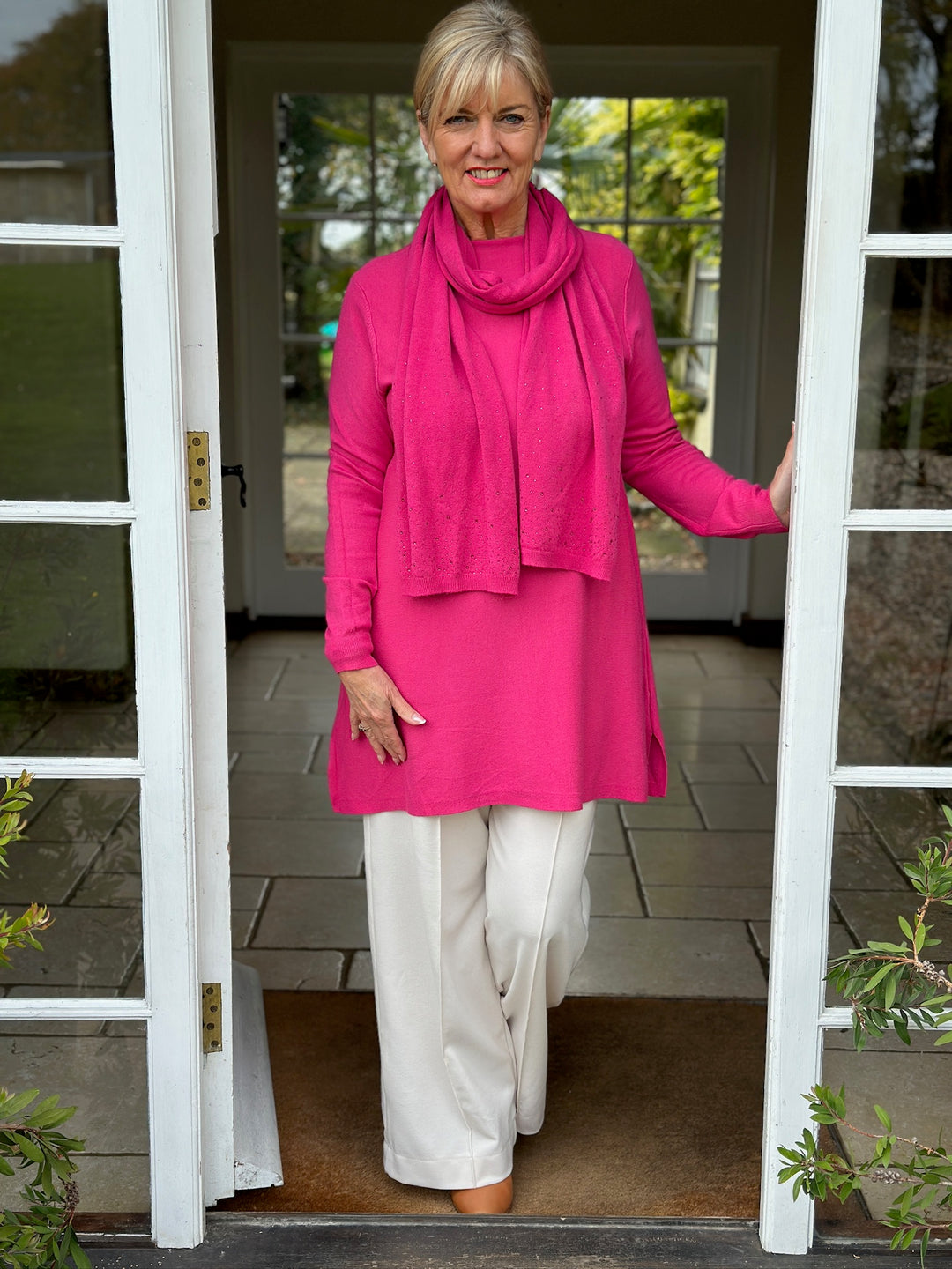 Sparkle Scarf & Lightweight Knit Top | Fuchsia