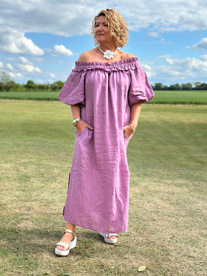 Ruffle Bardot Linen Dress | Plum