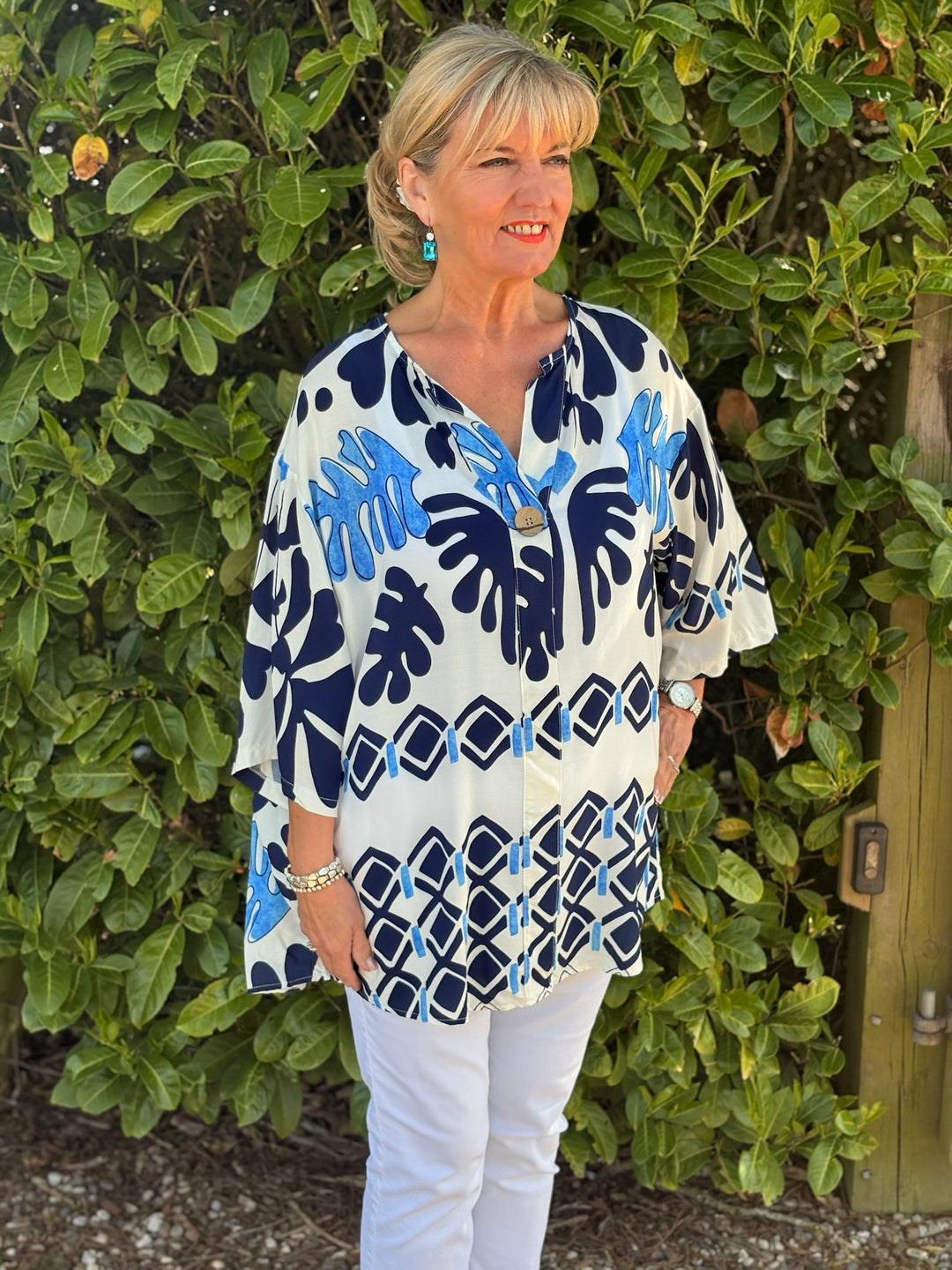 One Button Tunic Top Abstract Print | Ocean Blue