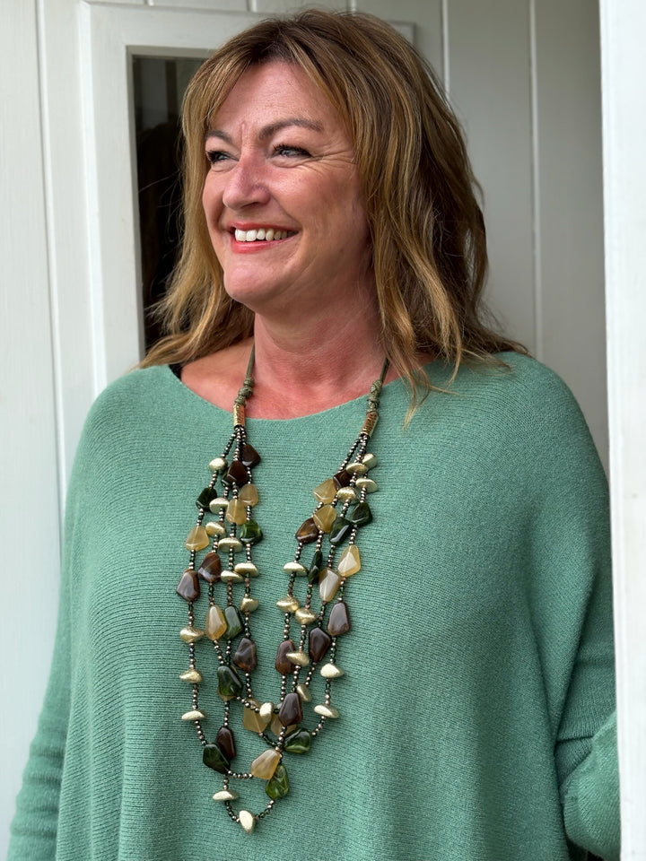 Layered Long Resin Beaded Necklace | Green