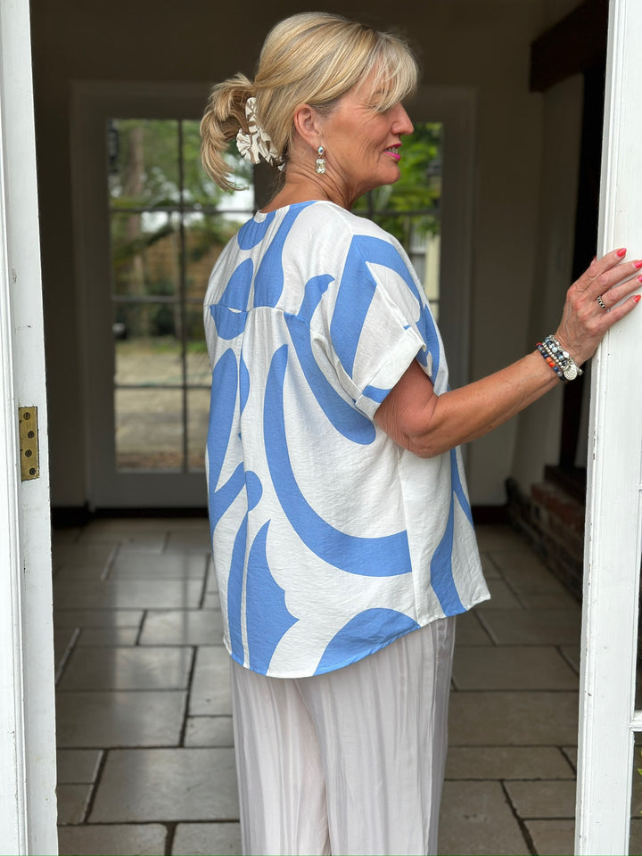Swirl Print Button-Neck Top | Sky Blue