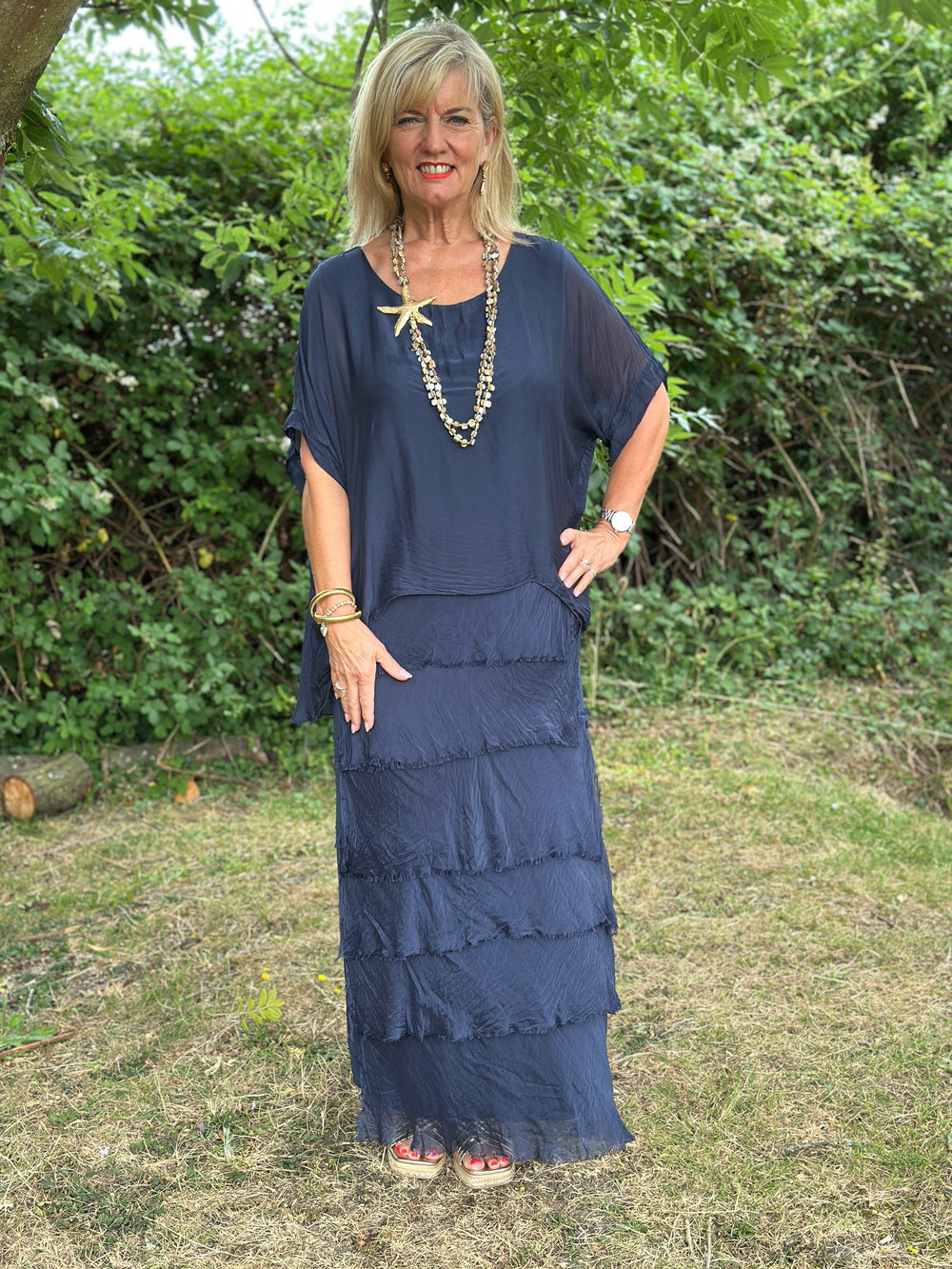 Silk Tiered Ruffle Dress | Navy - Mandy's Heaven 