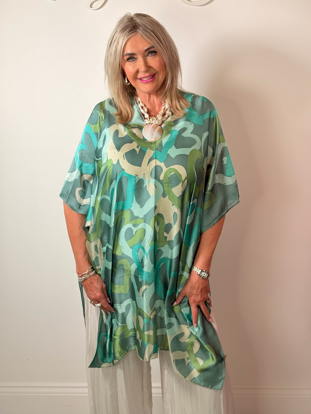 Silk-Blend Love Heart Print Kaftan | Green Multi