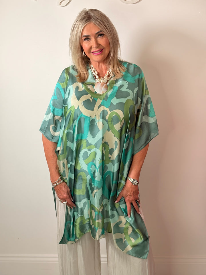 Silk-Blend Love Heart Print Kaftan | Green Multi