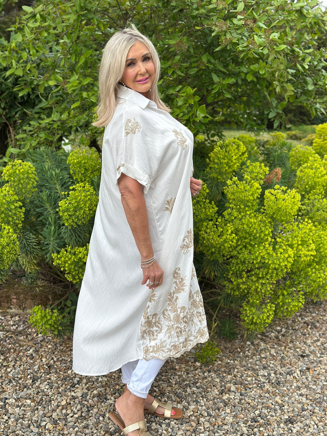 Swirl Glitz Leaf Embroidered Tunic Dress | White