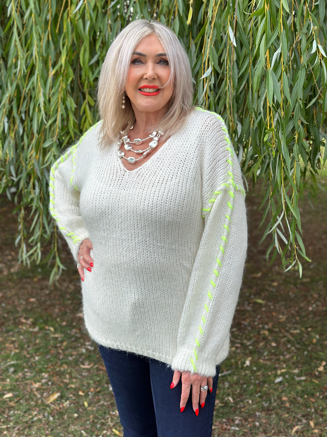 Contrast Stitch V-Neck Jumper  | Neon Yellow