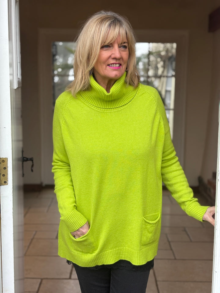 Pocket Roll Neck Jumper | Lime Green