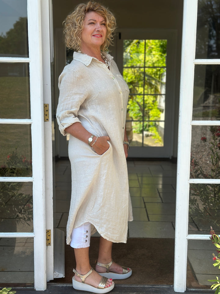 Linen Button Through Dress | Beige