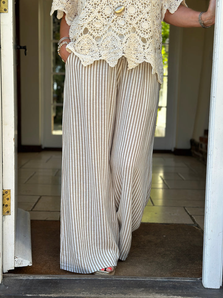 Wide Leg Linen Stripe Trouser | Beige