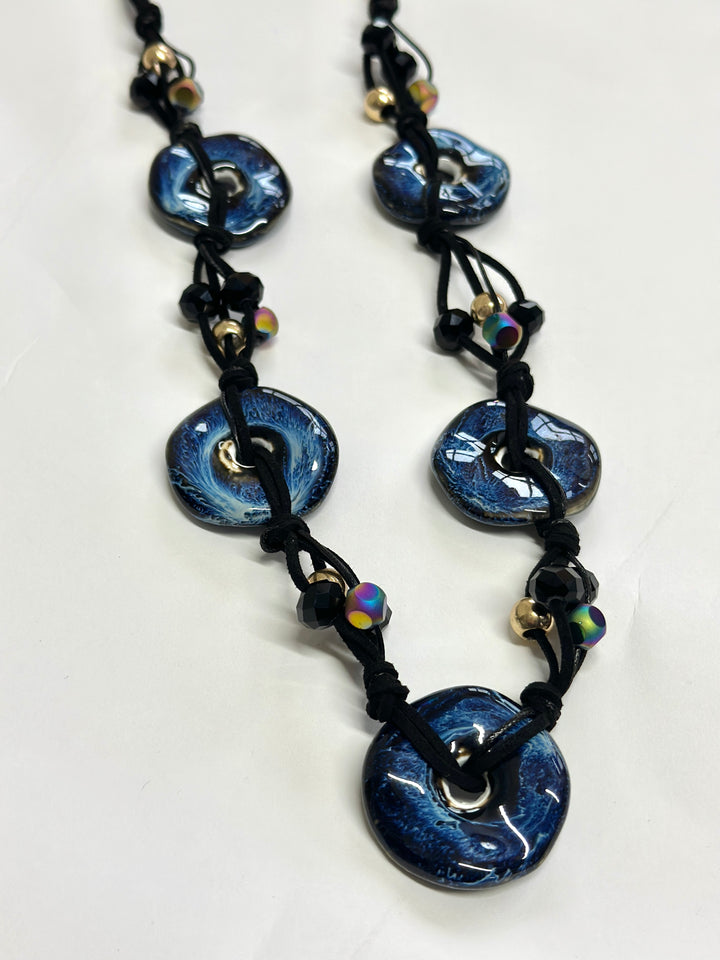 Glazed Disc Cord Necklace | Blue