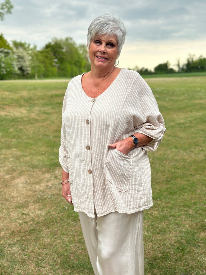 Urban Stripe Linen Top | Beige