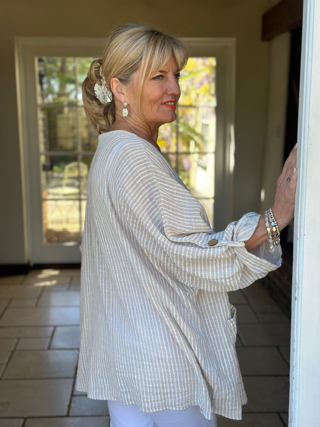 Urban Stripe Linen Top | Beige
