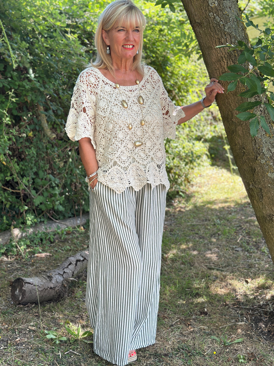 Wide Leg Linen Stripe Trouser | Khaki