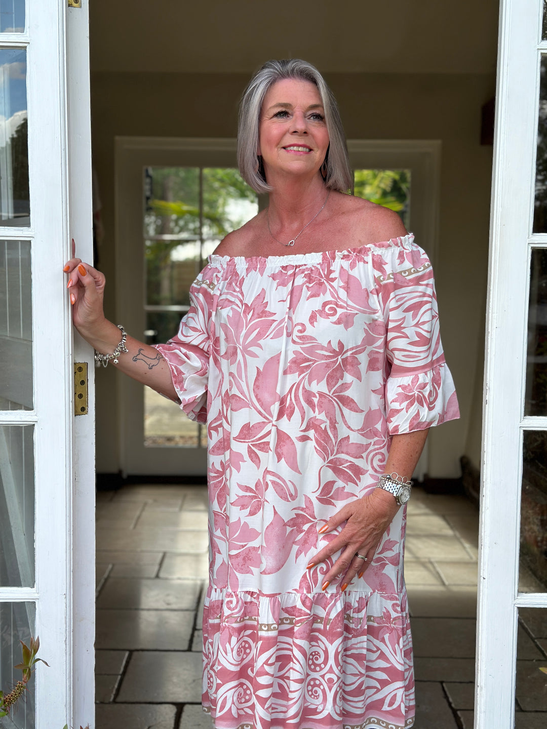 Bardot Swirl & Leaf Print Dress | Dusky Pink