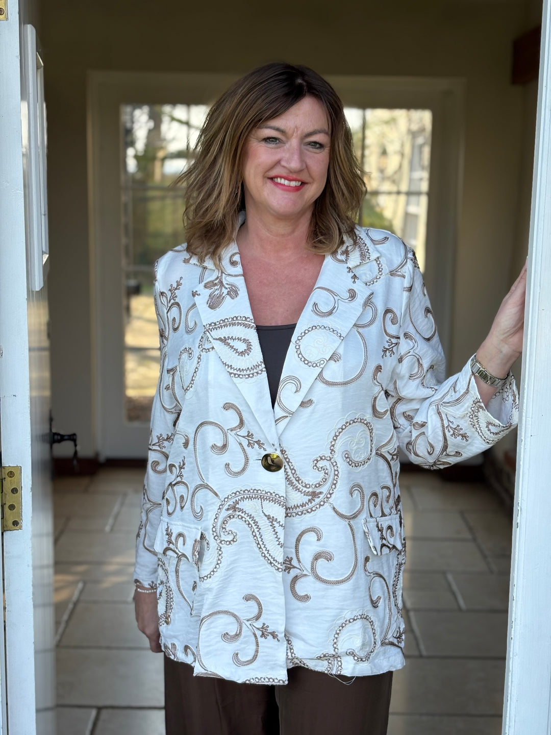 Embroidered Paisley Blazer - Malissa J | Latte