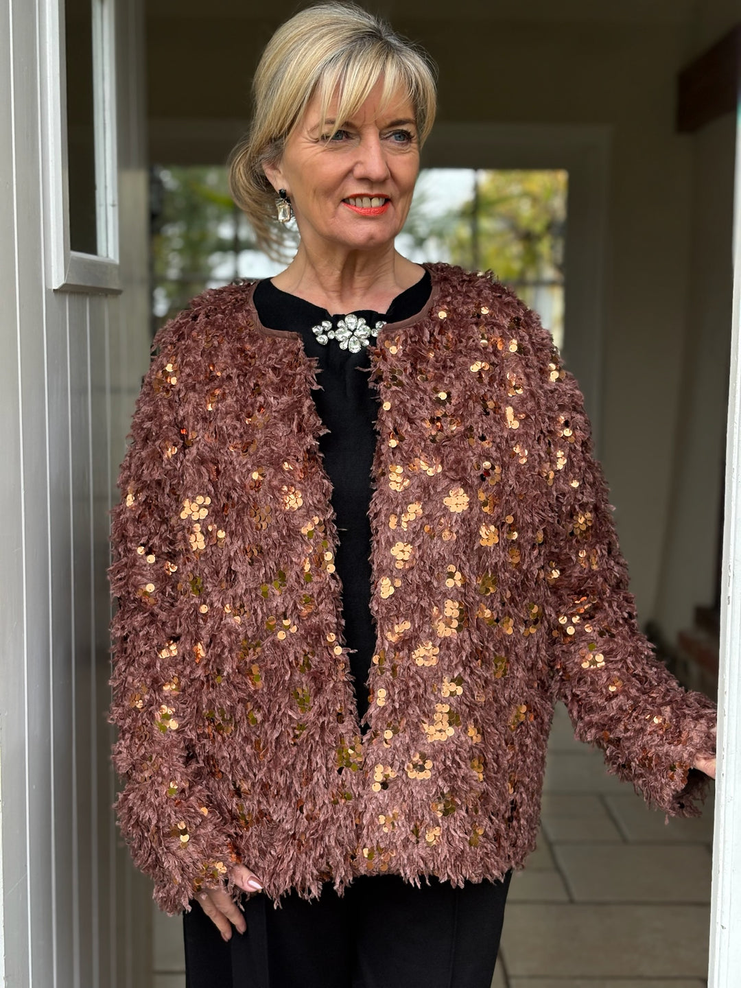 Sequin Textured Feather Jacket | Rose Gold