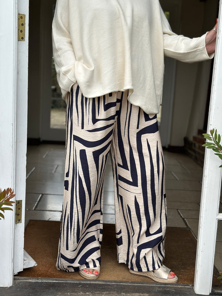 Abstract Print Wide Leg Trousers | Navy