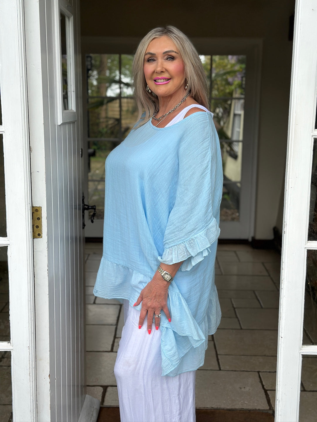 Cotton Ruffle Hem Top | Sky Blue