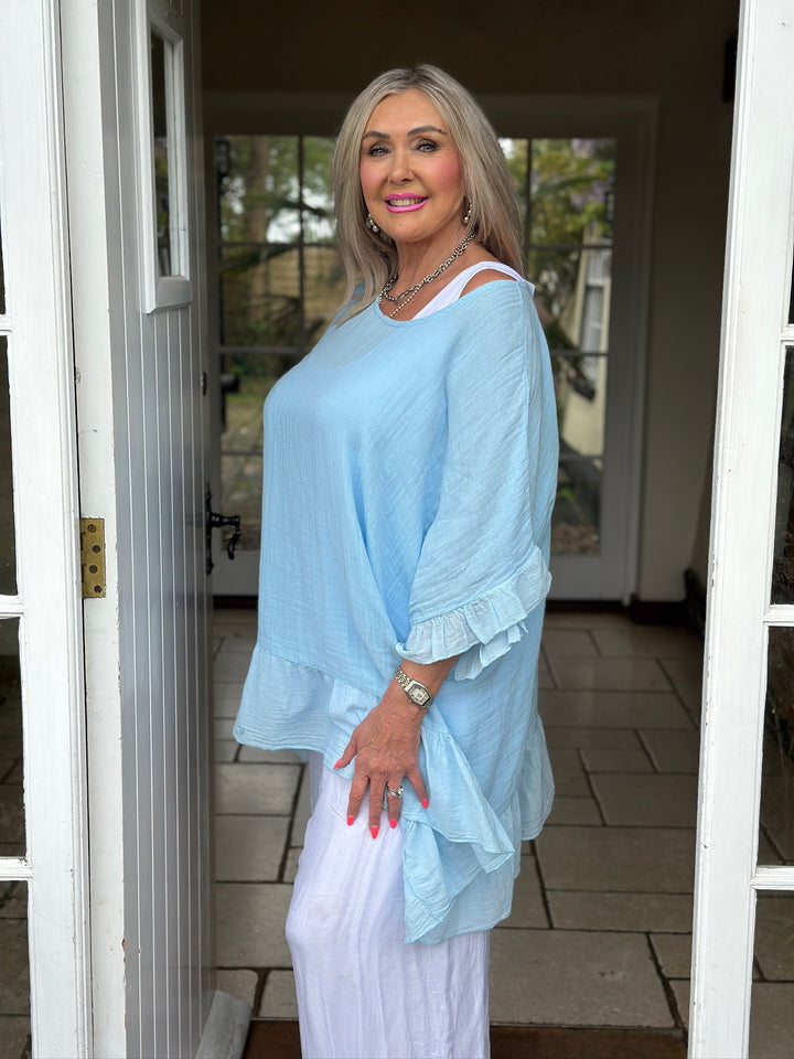 Cotton Ruffle Hem Top | Sky Blue