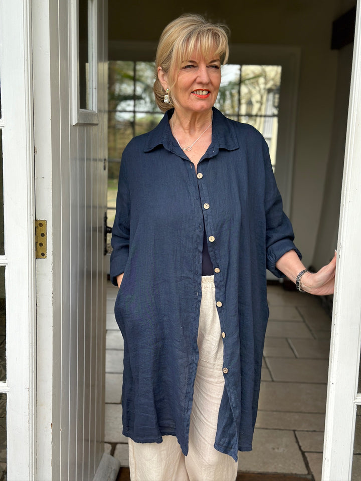 Straight Sleeve Longline Linen Shirt | Navy