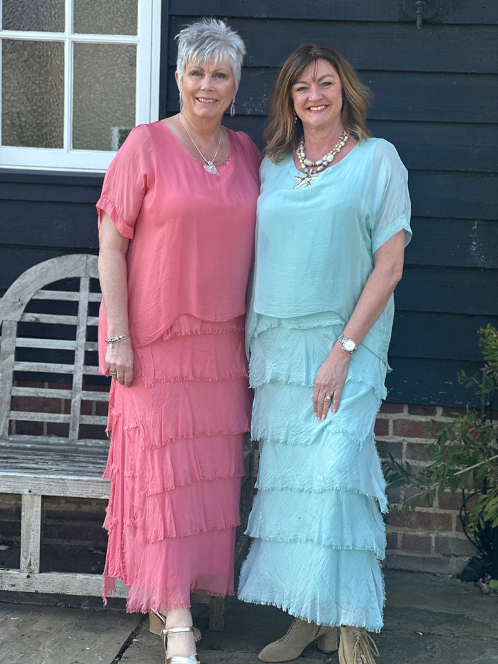 Silk Tiered Ruffle Dress | Coral