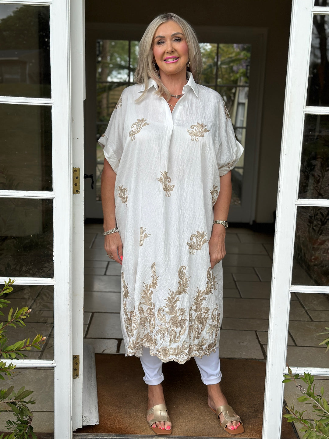Swirl Glitz Leaf Embroidered Tunic Dress | White