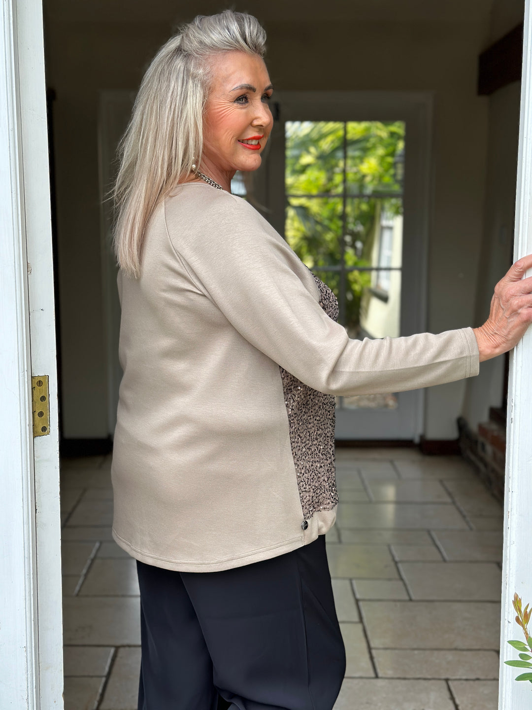 Sequin Front Long Sleeve Top - Malissa J | Latte