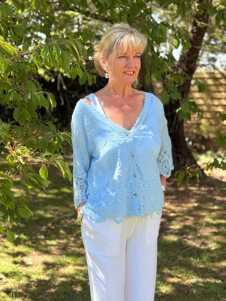 Crochet Floral Cardigan | Sky Blue