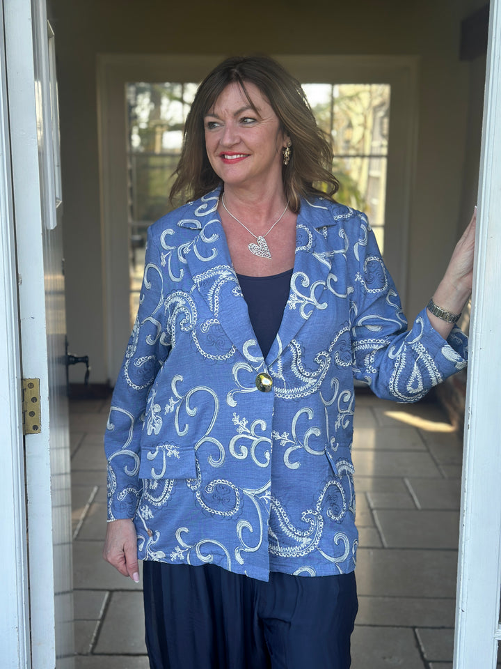 Embroidered Paisley Blazer - Malissa J | Blue