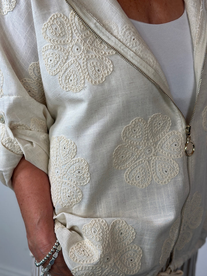 Crochet Floral Hooded Jacket | Natural