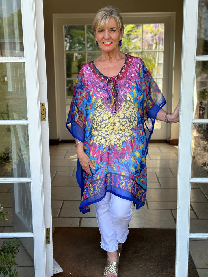 Diamante Detail Sheer Kaftan | Blue