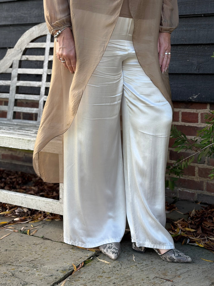 Satin Feel Floaty Trousers | Cream