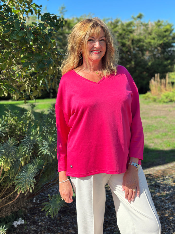 Relaxed V-Neck Long Sleeve Top - Malissa J | Fuchsia