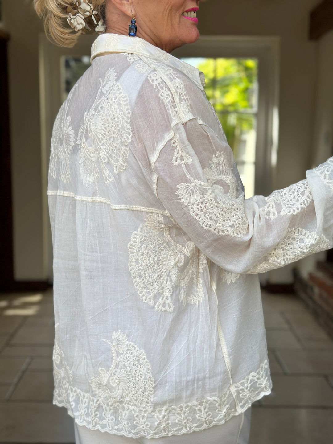 Cotton Embroidered Lace Shirt | Beige