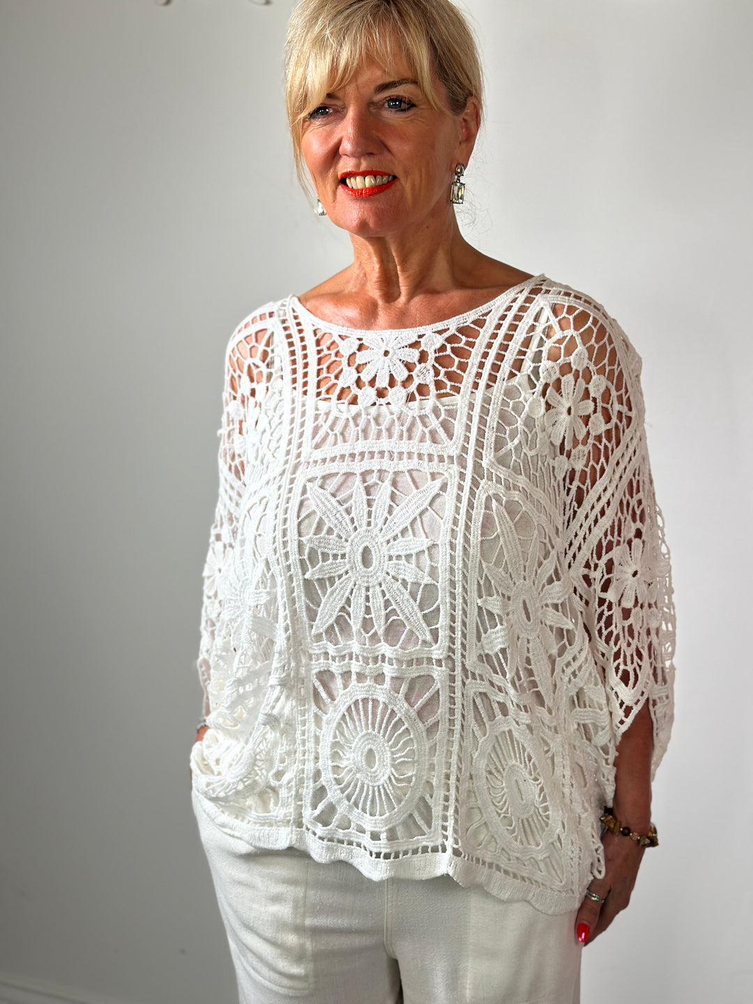 Floral Crochet Batwing Top | White
