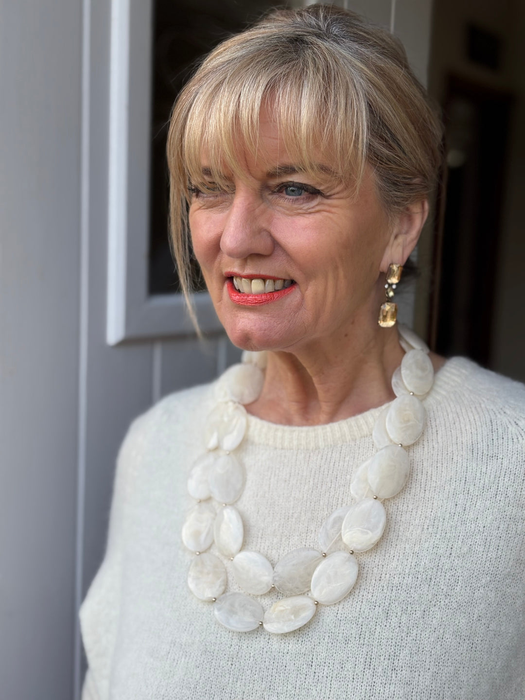 Multi Oval Bead Long Necklace | Cream & Gold