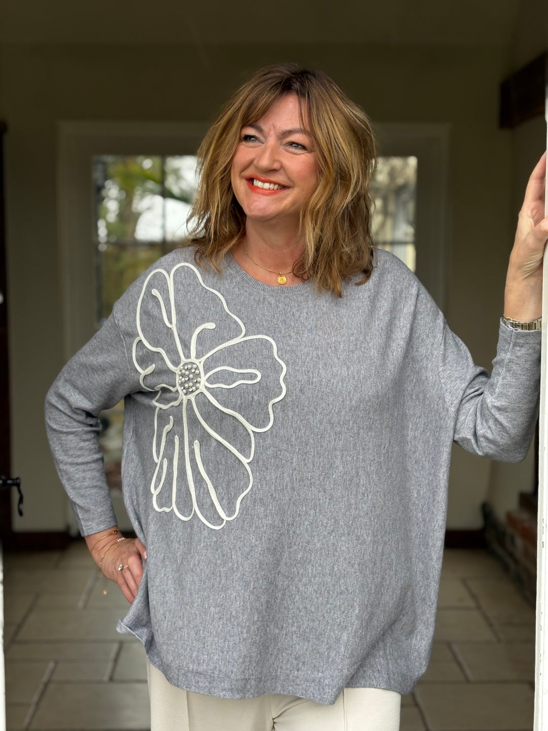 Large Flower Knit Top With Beads | Grey